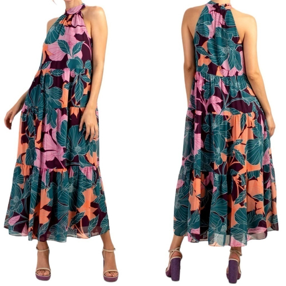 Trina Turk NWT Sunglasses Maxi Dress Tropical Print Teal,Pink,Tangerine Sz M - Picture 2 of 14